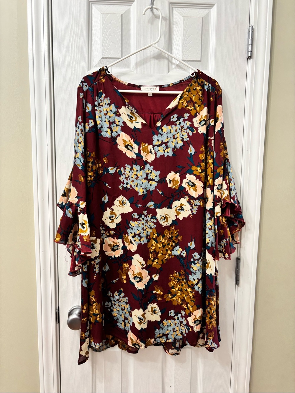 Umgee Floral Print Ruffle Sleeve Shift Dress Women’s Size XL Fall Burgendy - Picture 2 of 7